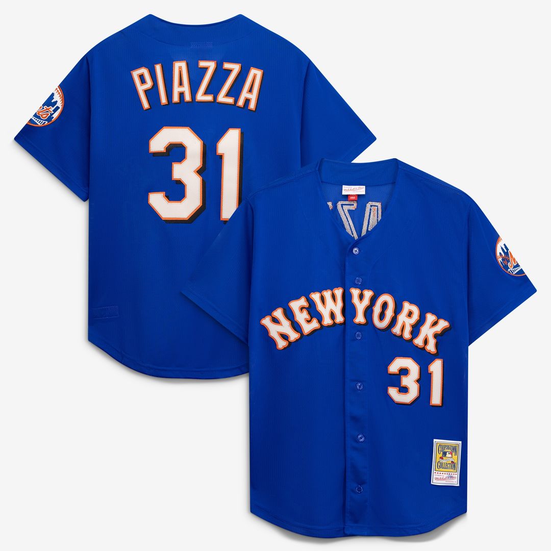 New York Mets Mike Piazza Mitchell & Ness Cooperstown Mesh Batting Practice Button - Up Jersey - Orange