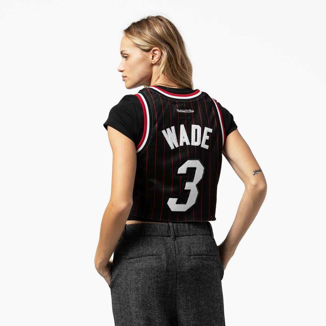 Miami Heat Dwyane Wade Mitchell & Ness x DANNIJO Women's Fashion Cropped Basketball Jersey - Black