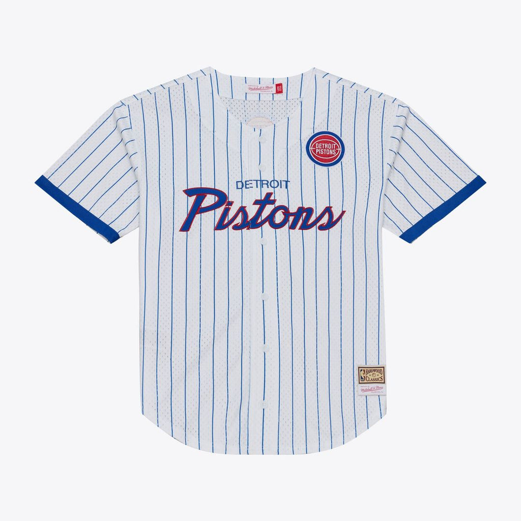 Detroit Pistons Mitchell & Ness Head Coach Pinstripe Mesh Full - Button Baseball Jersey - White