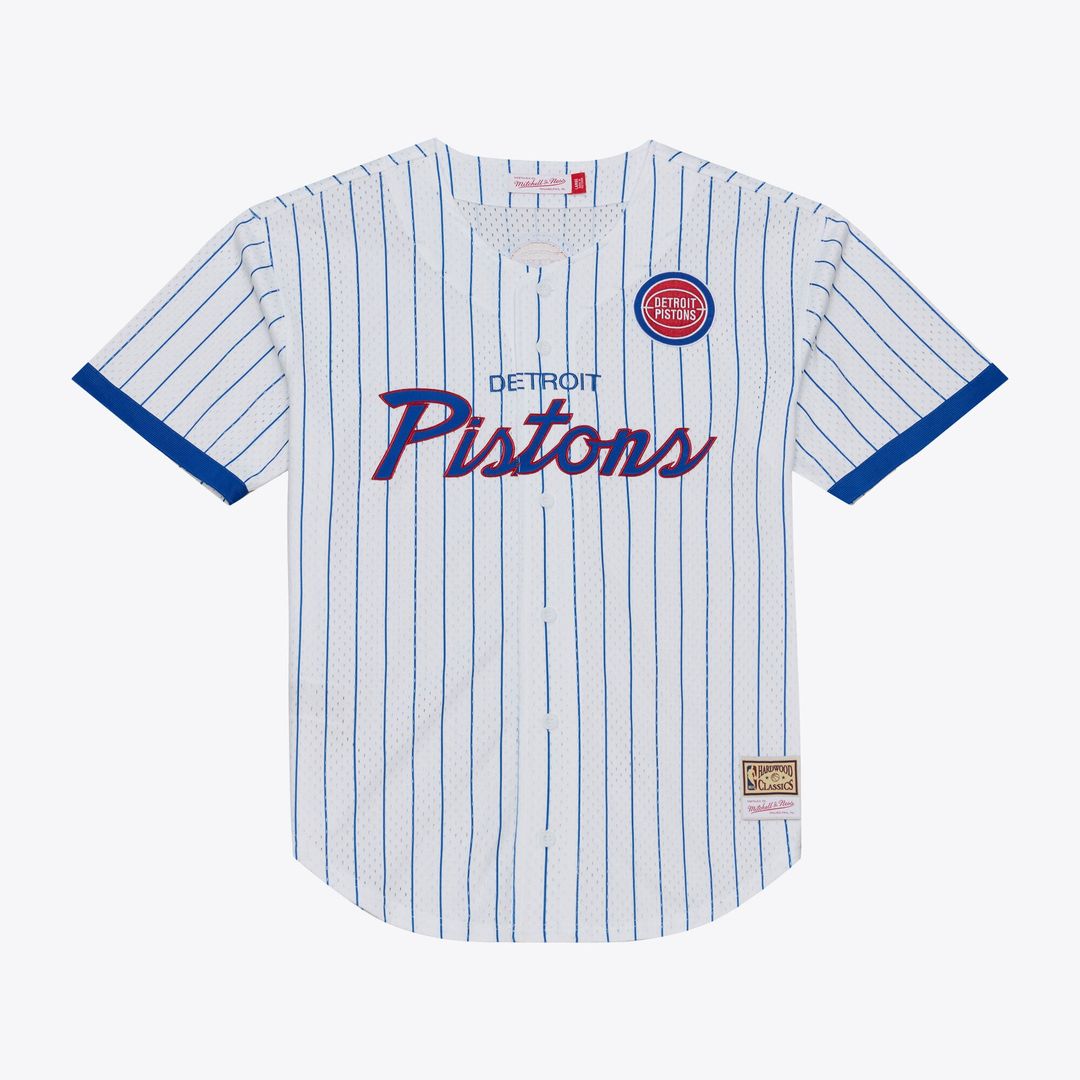 Detroit Pistons Mitchell & Ness Head Coach Pinstripe Mesh Full - Button Baseball Jersey - White