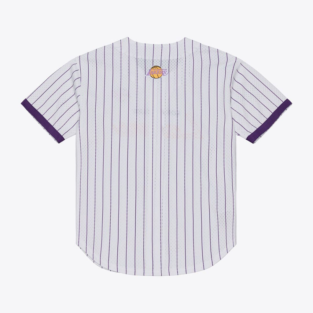 Los Angeles Lakers Mitchell & Ness Head Coach Pinstripe Mesh Full - Button Baseball Jersey - White