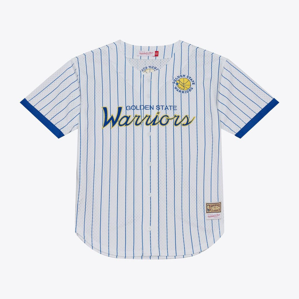 Golden State Warriors Mitchell & Ness Head Coach Pinstripe Mesh Full - Button Baseball Jersey - White