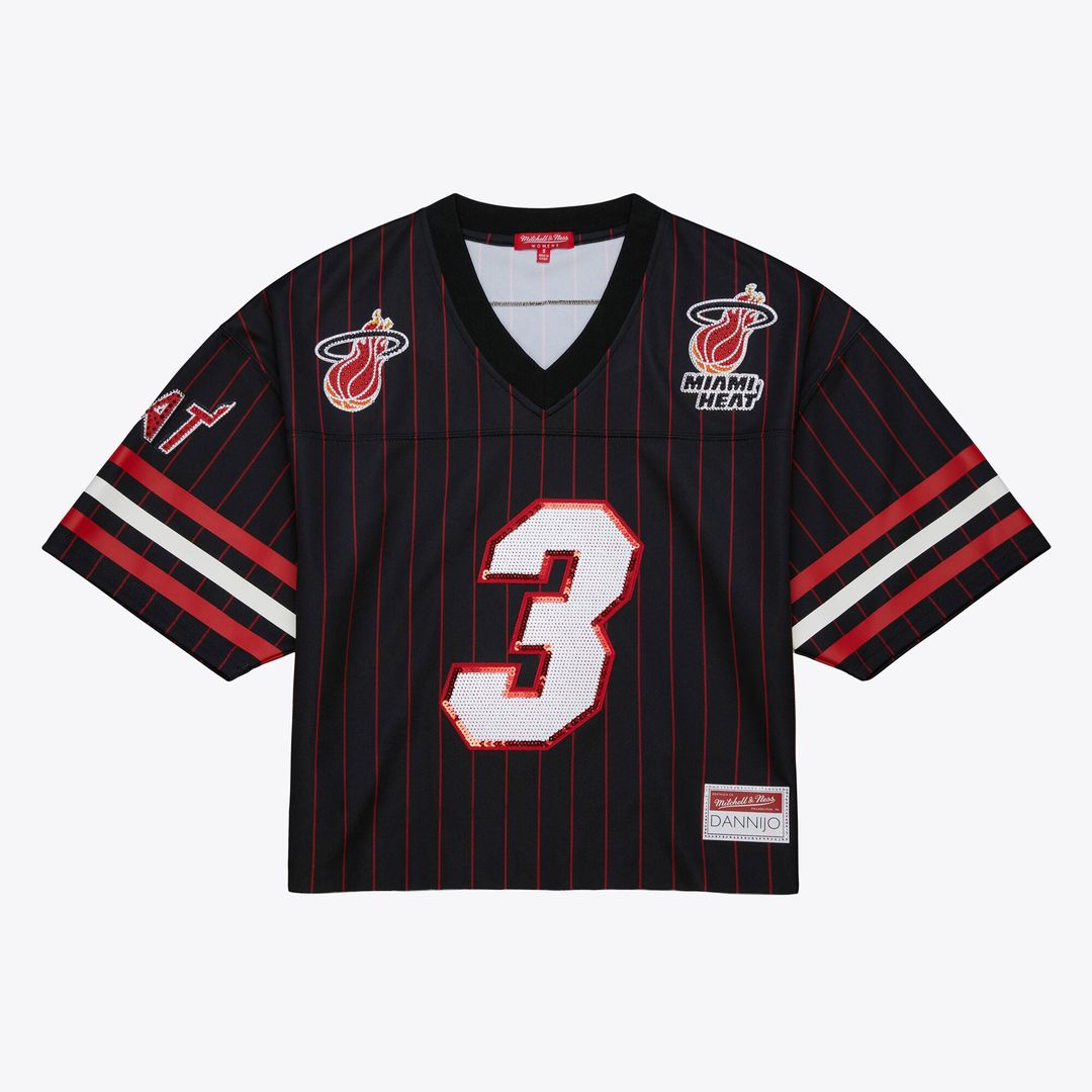 Miami Heat Dwyane Wade Mitchell & Ness x DANNIJO Women's Cropped Football Fashion Jersey - Black