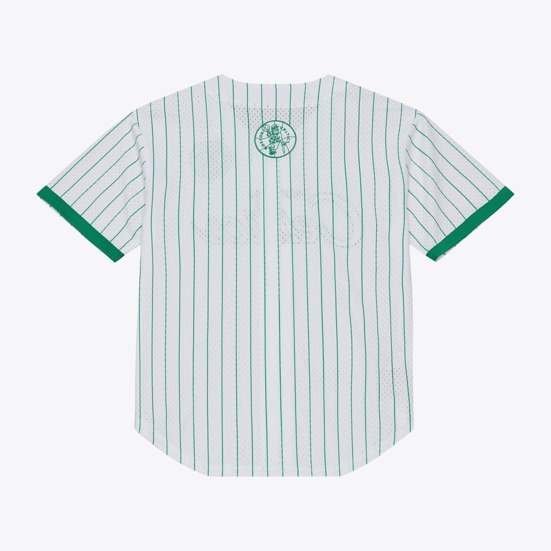 Boston Celtics Mitchell & Ness Head Coach Pinstripe Mesh Full - Button Baseball Jersey - White