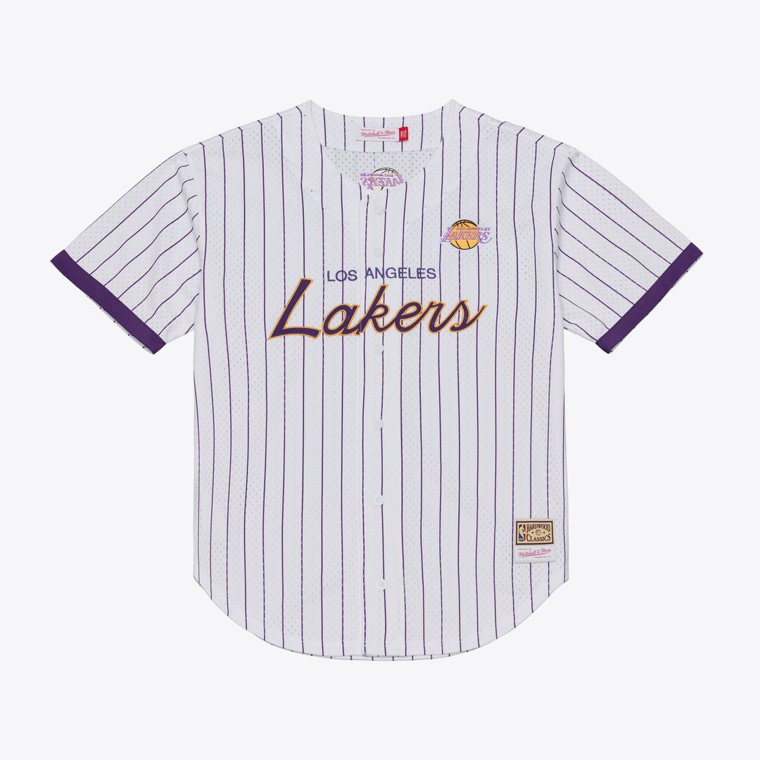 Los Angeles Lakers Mitchell & Ness Head Coach Pinstripe Mesh Full - Button Baseball Jersey - White