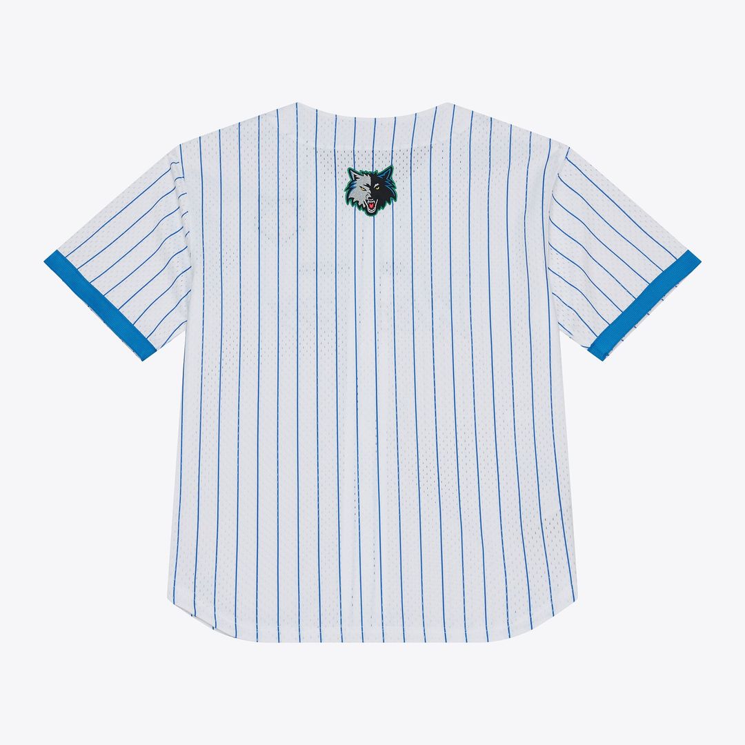 Minnesota Timberwolves Mitchell & Ness Head Coach Pinstripe Mesh Full - Button Baseball Jersey - White