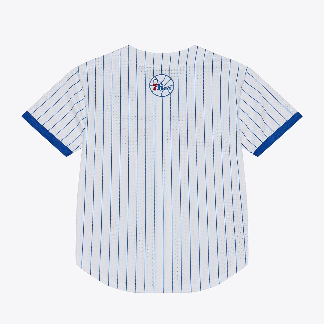 Philadelphia 76ers Mitchell & Ness Head Coach Pinstripe Mesh Full - Button Baseball Jersey - White