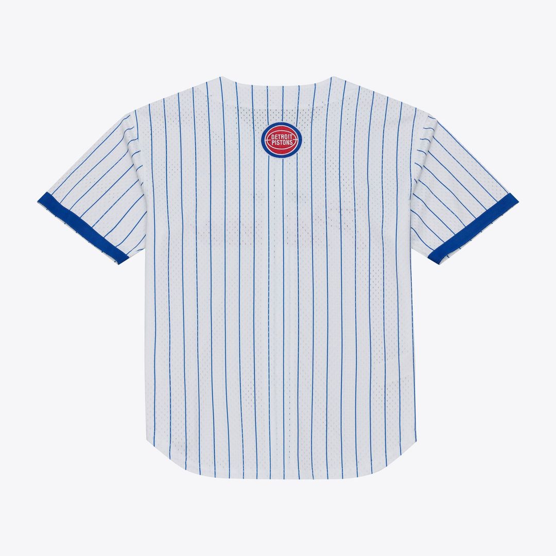 Detroit Pistons Mitchell & Ness Head Coach Pinstripe Mesh Full - Button Baseball Jersey - White