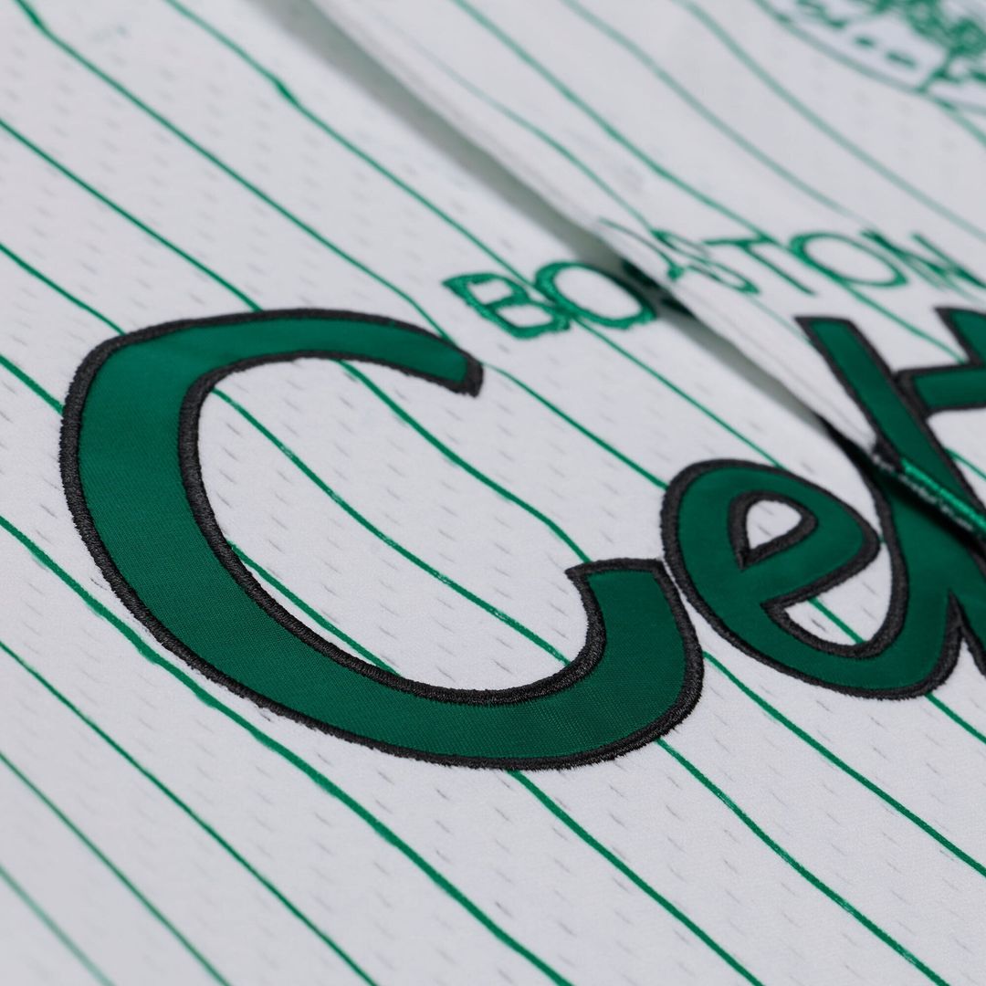 Boston Celtics Mitchell & Ness Head Coach Pinstripe Mesh Full - Button Baseball Jersey - White